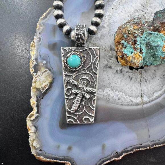 Cheyenne Custer Sterling Silver & Turquoise Dragonfly Tufa Cast Unisex Pendant - Picture 2 of 10